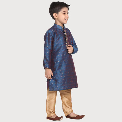 Vastramay Boy's Silk Blend Kurta Pyjama Set | Persian Blue & Rose Gold - 9 to 10 years