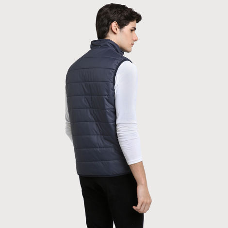 Dennis Lingo Men's Dark Blue Regular Fit Solid Sleeveless Quilted Jacket | Dlmjkw23011 - Db | L