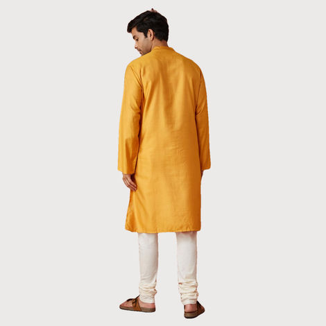 Fabindia Men's Long Kurta Comfort Fit | Yellow - L