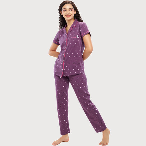 Zeyo Women's Cotton Heart Printed Stylish Night Suit Set of Shirt & Pyjama | 5612 Purple-S