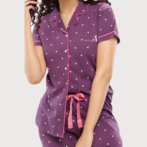Zeyo Women's Cotton Heart Printed Stylish Night Suit Set of Shirt & Pyjama | 5612 Purple-S