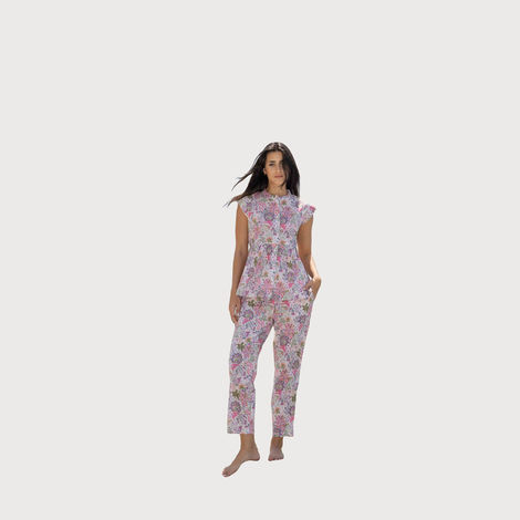 Sanskrutihomes Women Floral Printed Mandarin Collar Pure Cotton Pink Night Suit SE-NSP-601 | XL