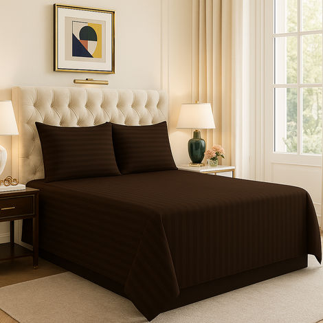 Elegant Weavers Brown Striped Double Bedsheet With 2 Pillow Covers