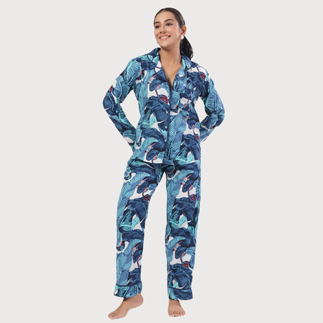 Sanskrutihomes Women Tropical Printed Pure Cotton Blue Night Suit SE-NSP-565 | L