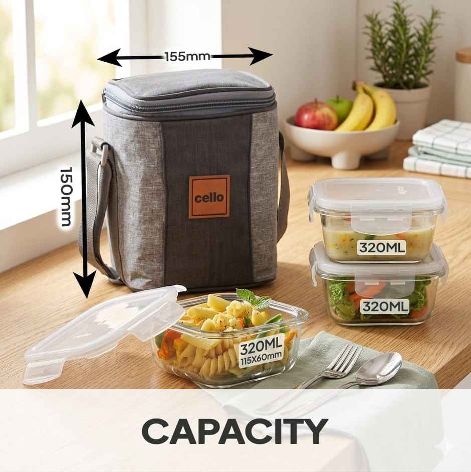 Cello Glassy Square Lunch Box | Microwavable Borosilicate Glass | Clear - 320 ml