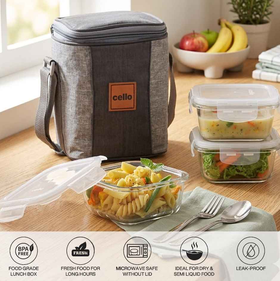 Cello Glassy Square Lunch Box | Microwavable Borosilicate Glass | Clear - 320 ml