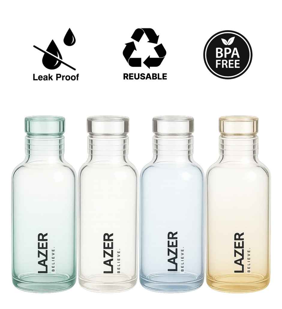 Lazer Pure Borosilicate Glass Water Bottle | BPA-Free, Leak-Proof | Green, Blue, Yellow - 300 ml