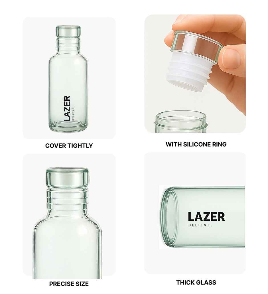 Lazer Pure Borosilicate Glass Water Bottle | BPA-Free, Leak-Proof | Green, Blue, Yellow - 300 ml
