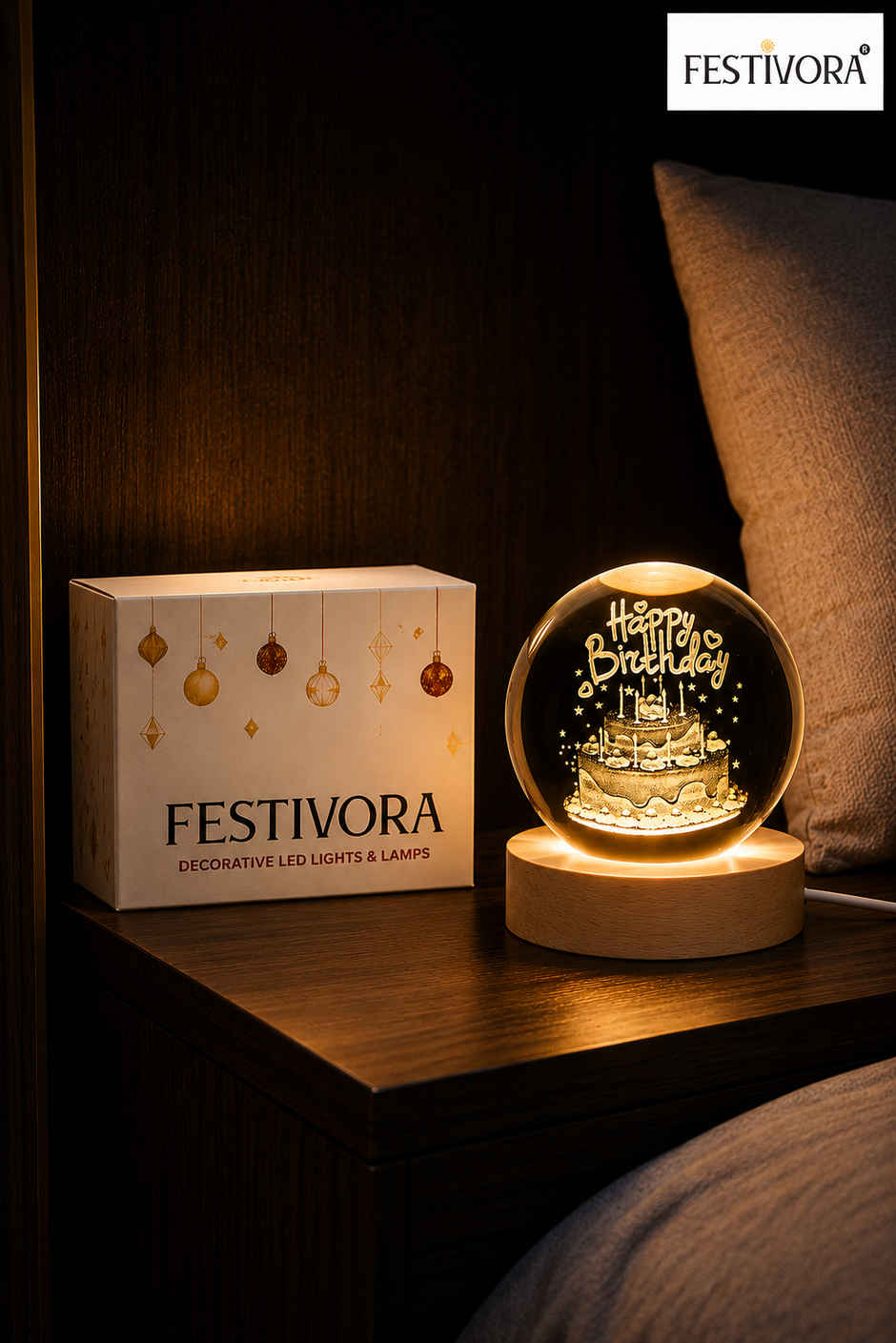 Festivora 3D Happy Birthday Crystal Ball Night Led Lamp | Gifting | Home Decor