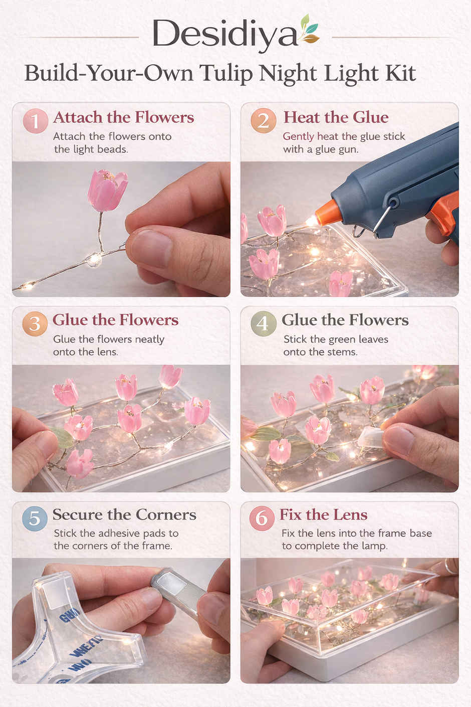 Desidiya Diy Tulip Cube Mirror Lamp Led Flower Lights, 2-In-1 Mirror & Table Decor - 1 pc