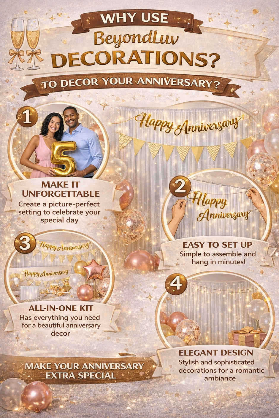 Happy Anniversary Decoration Kit with Banner, Balloons, LED Lights & Net Curtain | BeyondLuv