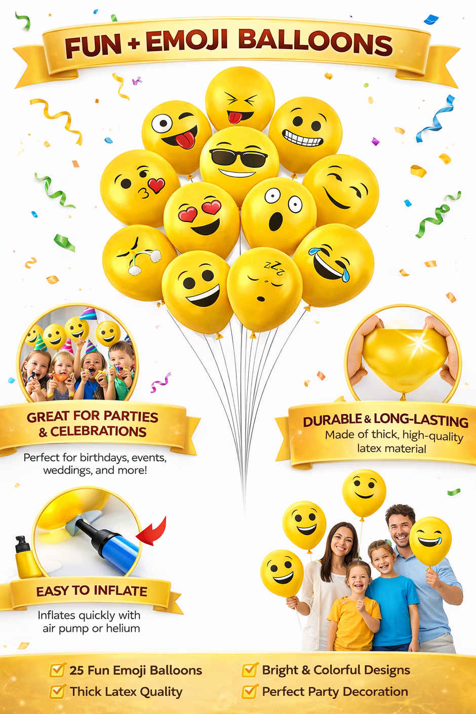 Emoji Latex Balloons 25Pcs for Party Decoration & Kids Smiley Birthday Items | BeyondLuv