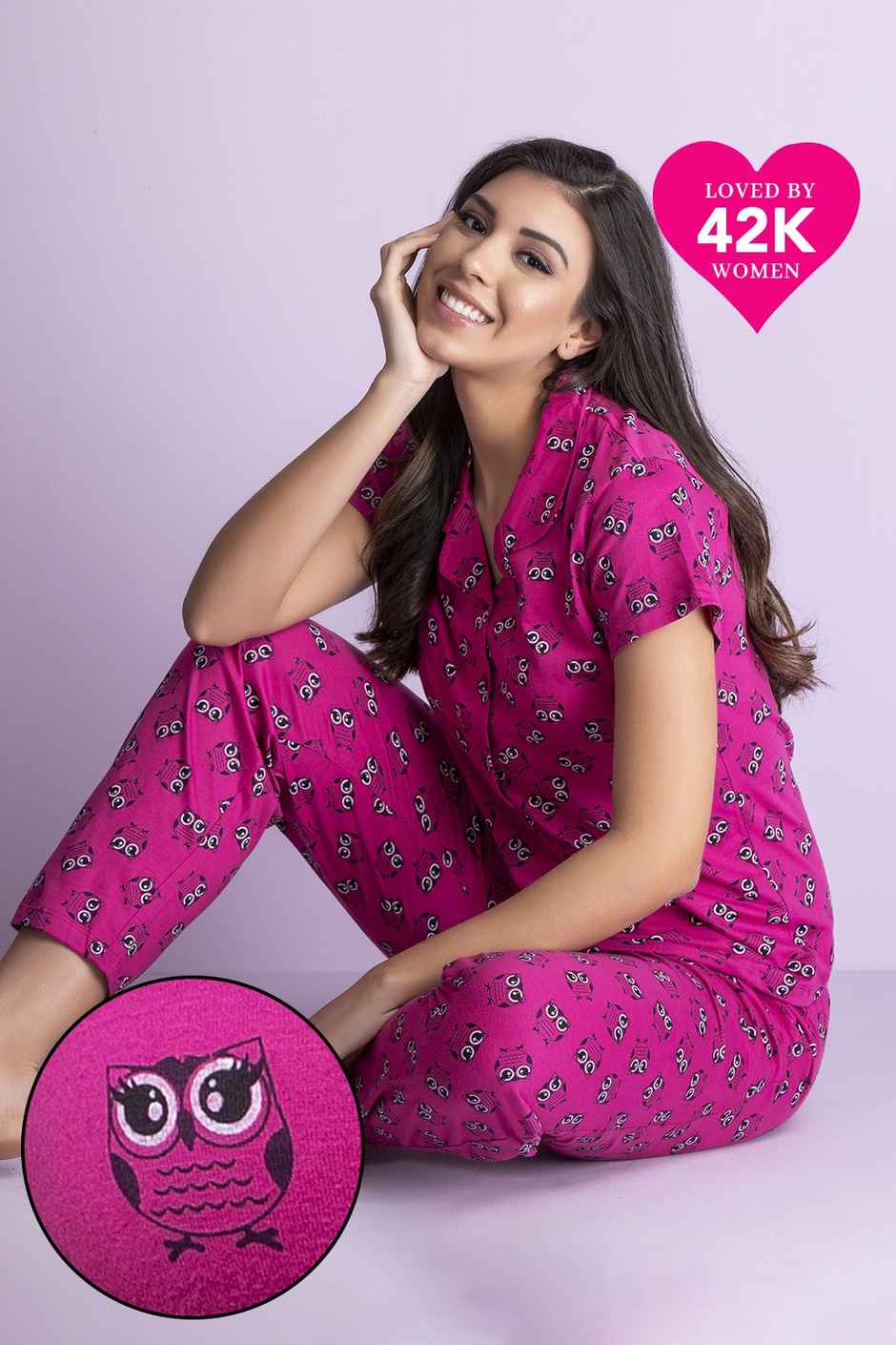 Clovia Owl Print Button Down Shirt & Pyjama Set - Cotton Rich(Magenta - S)