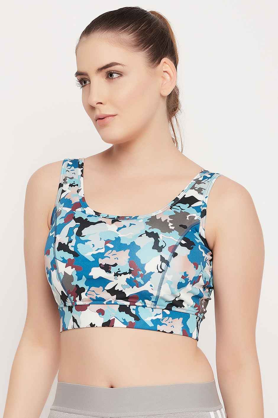Clovia Medium Impact Padded Camouflage Print Sports Bra | Blue | L