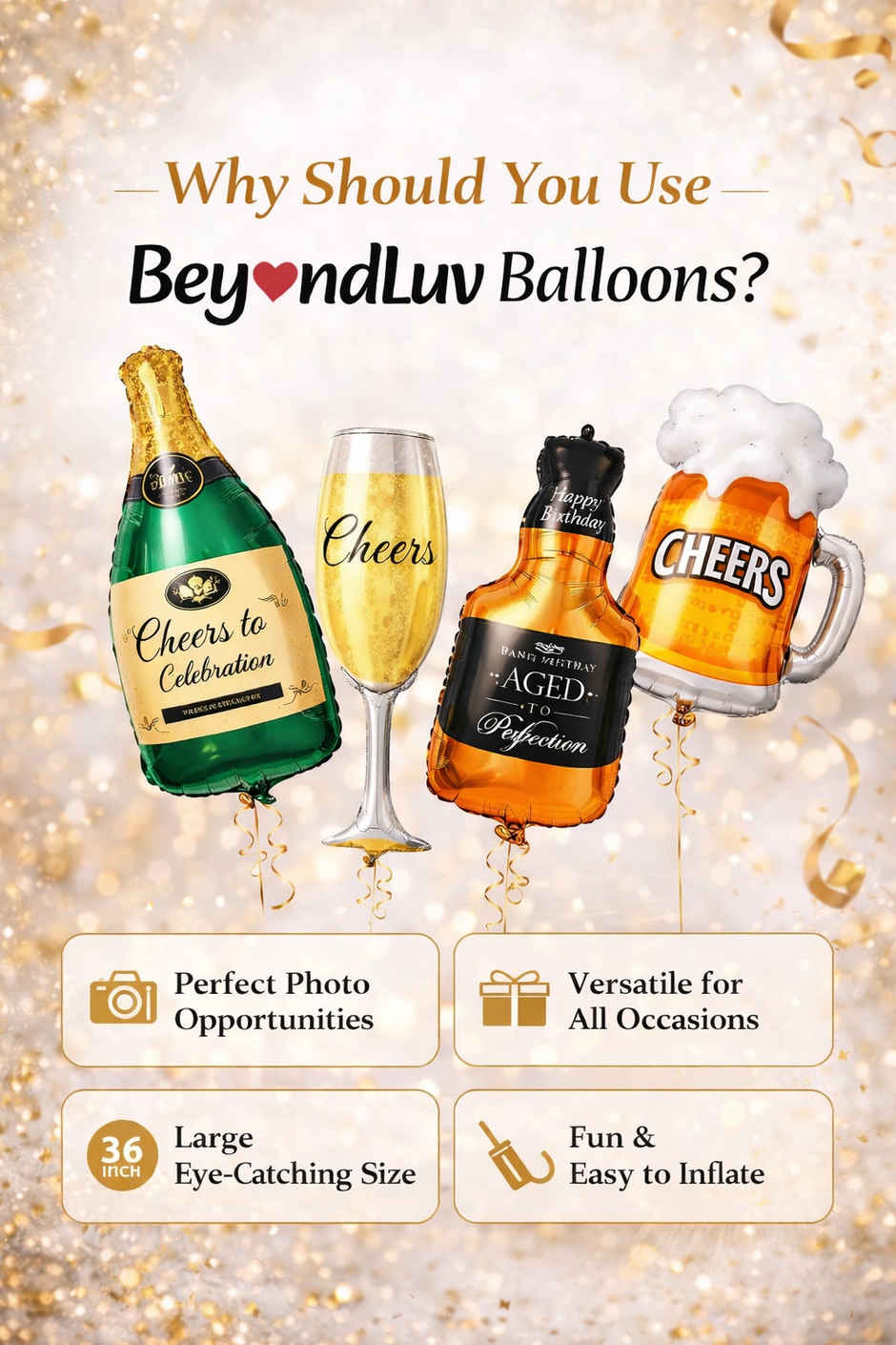 Champagne Foil Balloons 4Pcs for Adult Birthday Party Decoration Kit | BeyondLuv