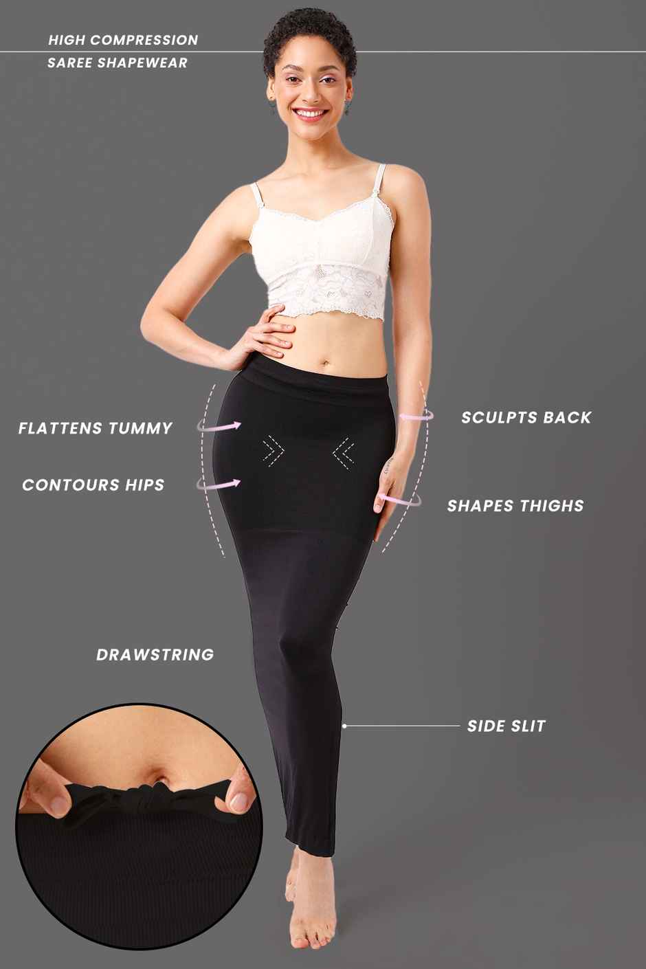 Clovia Saree Shapewear Petticoat With Drawstring (Black - S)