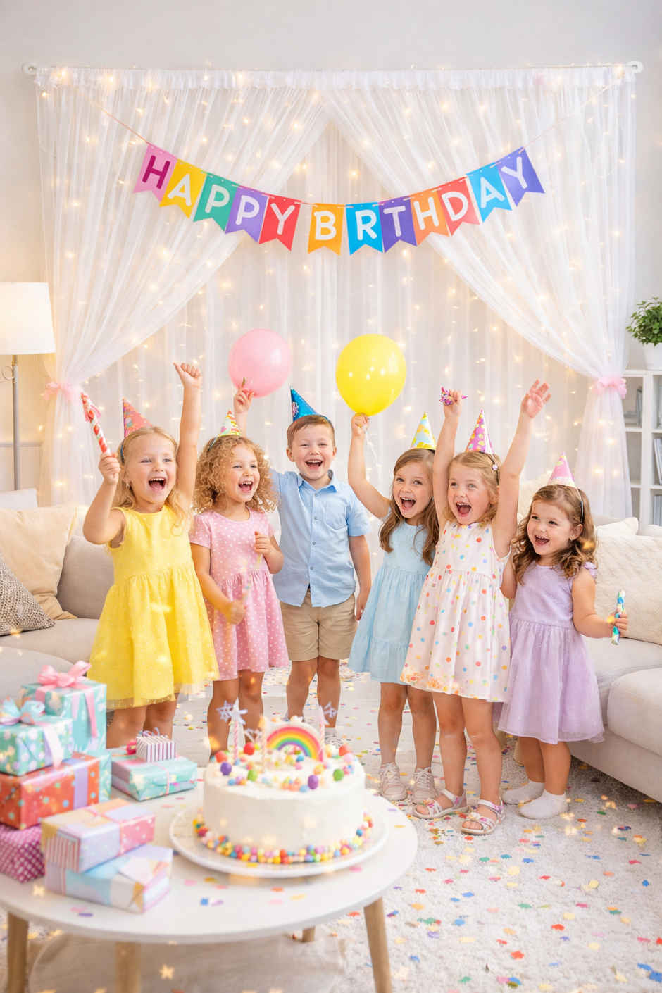 Festive Birthday Decoration Kit 5Pcs with Net Curtains | LED Light & Ribbon | BeyondLuv