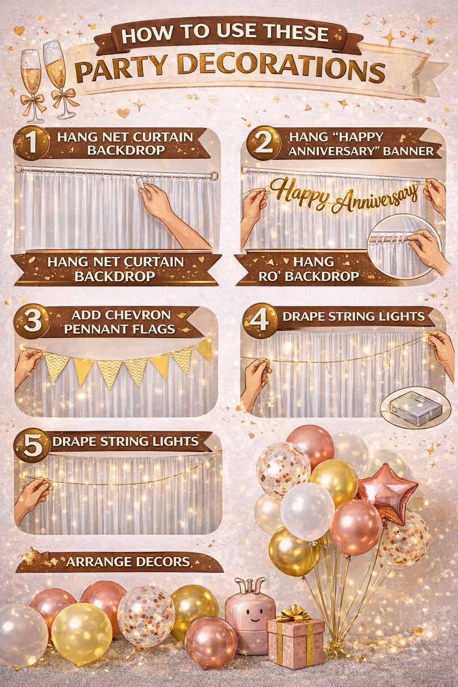Happy Anniversary Decoration Kit with Banner, Balloons, LED Lights & Net Curtain | BeyondLuv