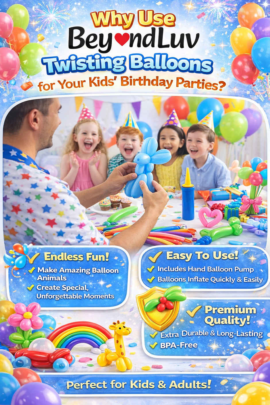 Long Twisting Rainbow Balloons 100Pcs with Balloon Pump for Kids | BeyondLuv