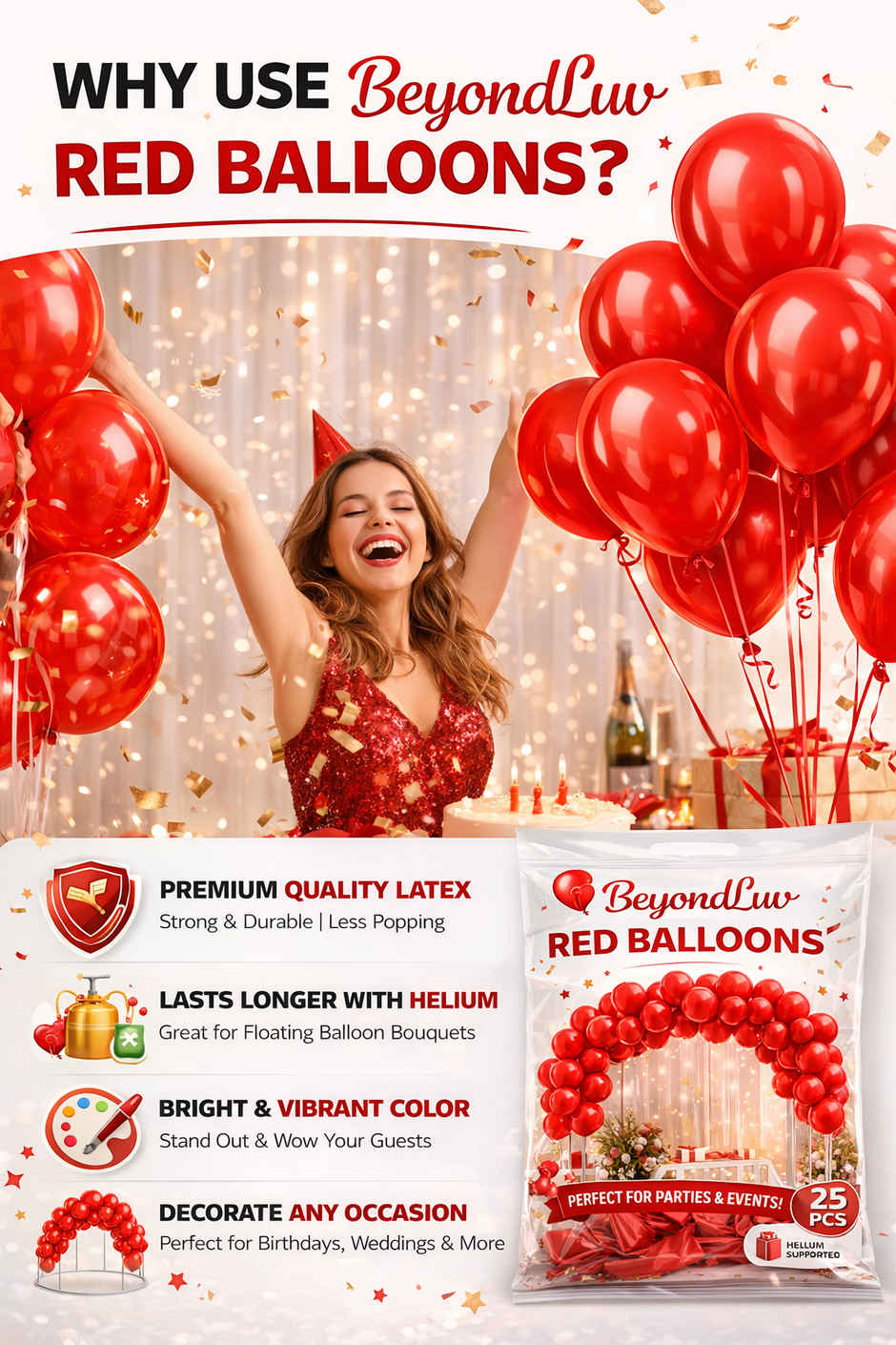 Red Metallic Balloons 25Pcs for Birthday, Kids Theme Party & Anniversary Decorations | BeyondLuv