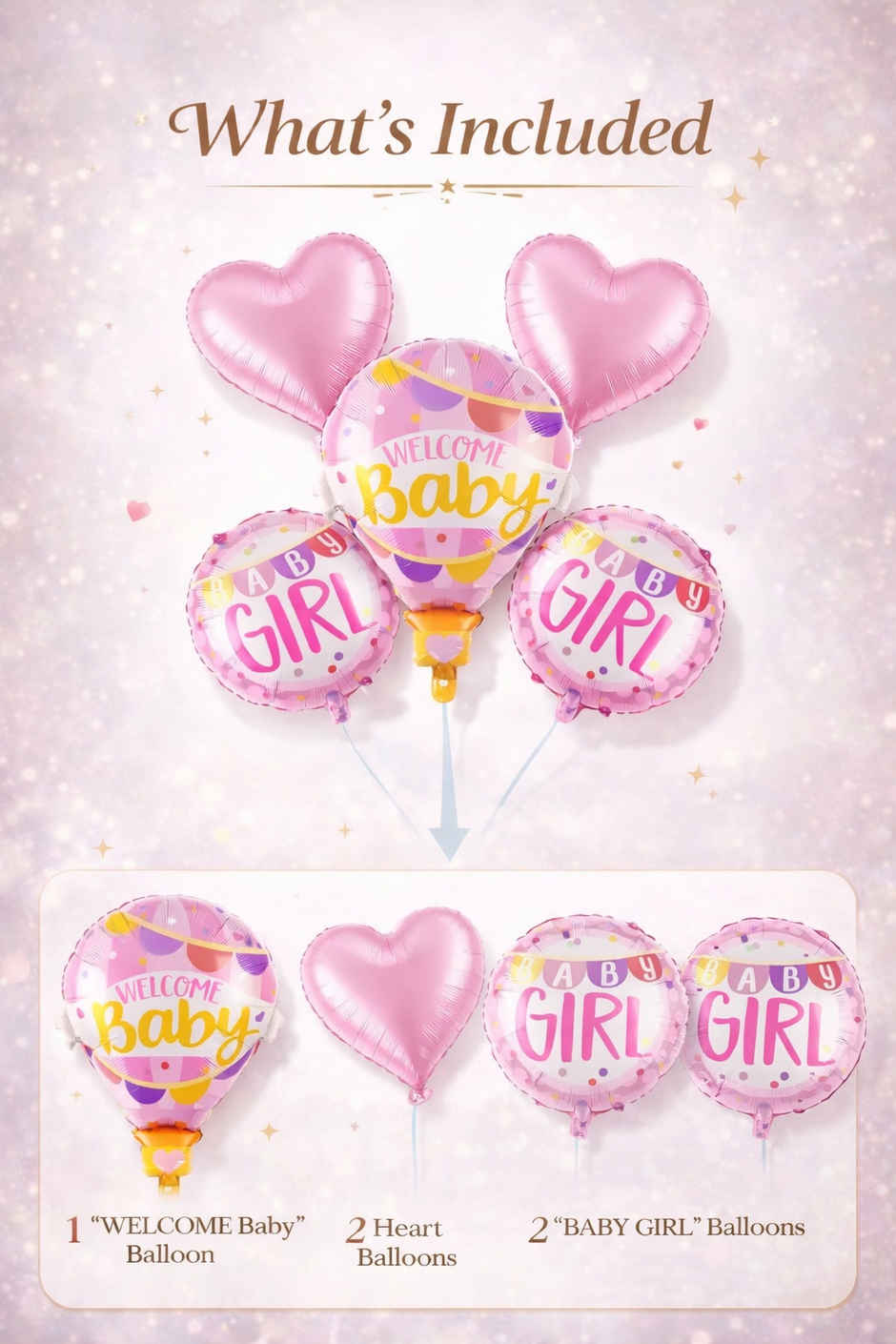 Welcome Baby Girl Foil Balloon Decoration Set 5Pcs for Baby Shower | BeyondLuv
