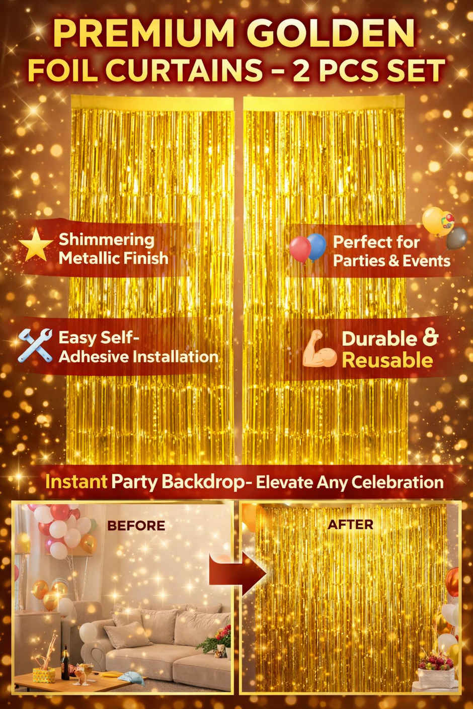 Golden Foil Curtains for Birthday, Anniversary & Kids Decoration Kit | BeyondLuv