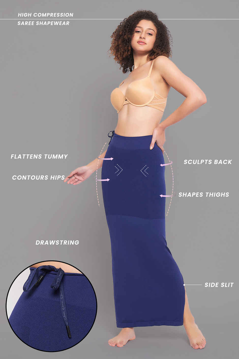 Clovia Women's Saree Shapewear with Drawstring | Navy Blue - 2XL