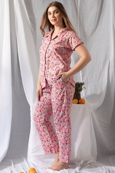 Clovia Print Me Pretty Button Down Shirt & Pyjama Set - Cotton Rich(Pink - M)