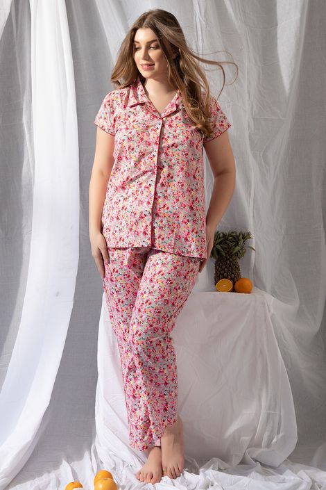 Clovia Print Me Pretty Button Down Shirt & Pyjama Set - Cotton Rich(Pink - M)