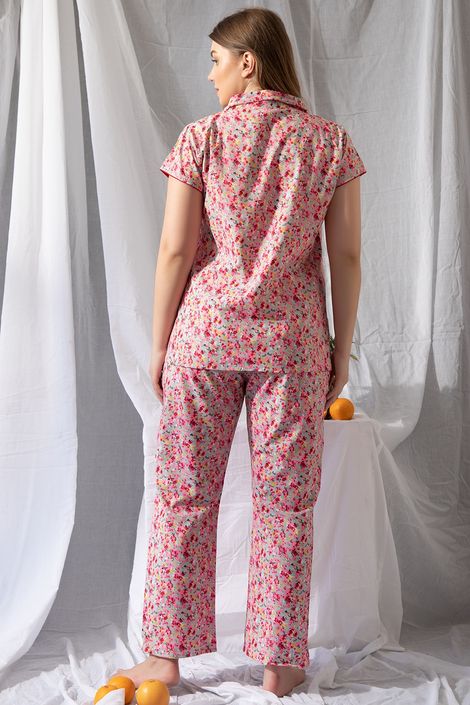 Clovia Print Me Pretty Button Down Shirt & Pyjama Set - Cotton Rich(Pink - M)