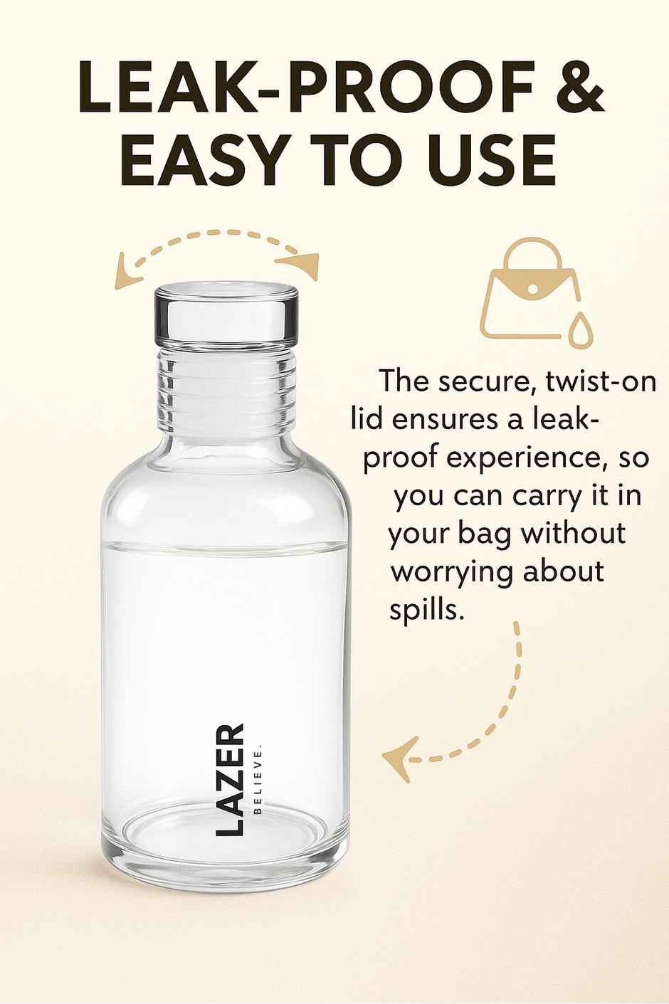 Lazer Pure Borosilicate Glass Water Bottle | BPA-Free, Eco-Friendly | Durable & Leak-Proof - 300 ml