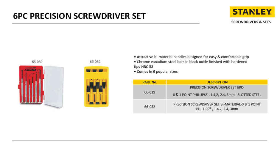 STANLEY 66-052 6-Piece Precision Screwdriver Set, 4 Slotted & 2 Phillips, Ideal For Machines, Cars