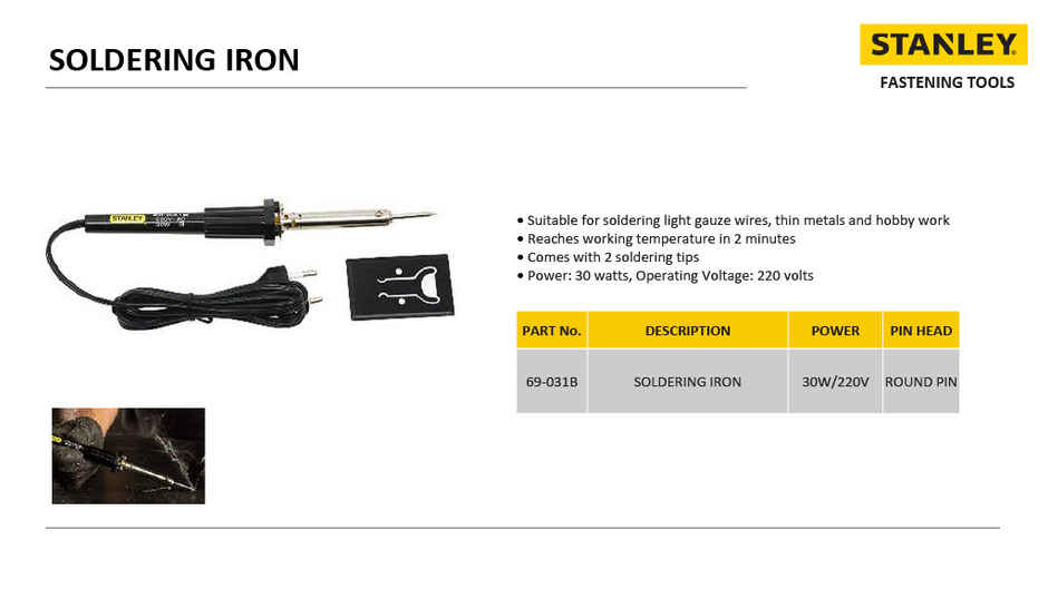 STANLEY 69-031B 30W 220V Round Corded Soldering Iron For Soldering Toys, Gadgets & Wires