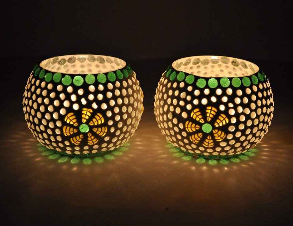 Turkish Mosaic Glass Votive Tealight Candle Holders | Glass | Multicolour | Pack of 2 | Tied Ribbons