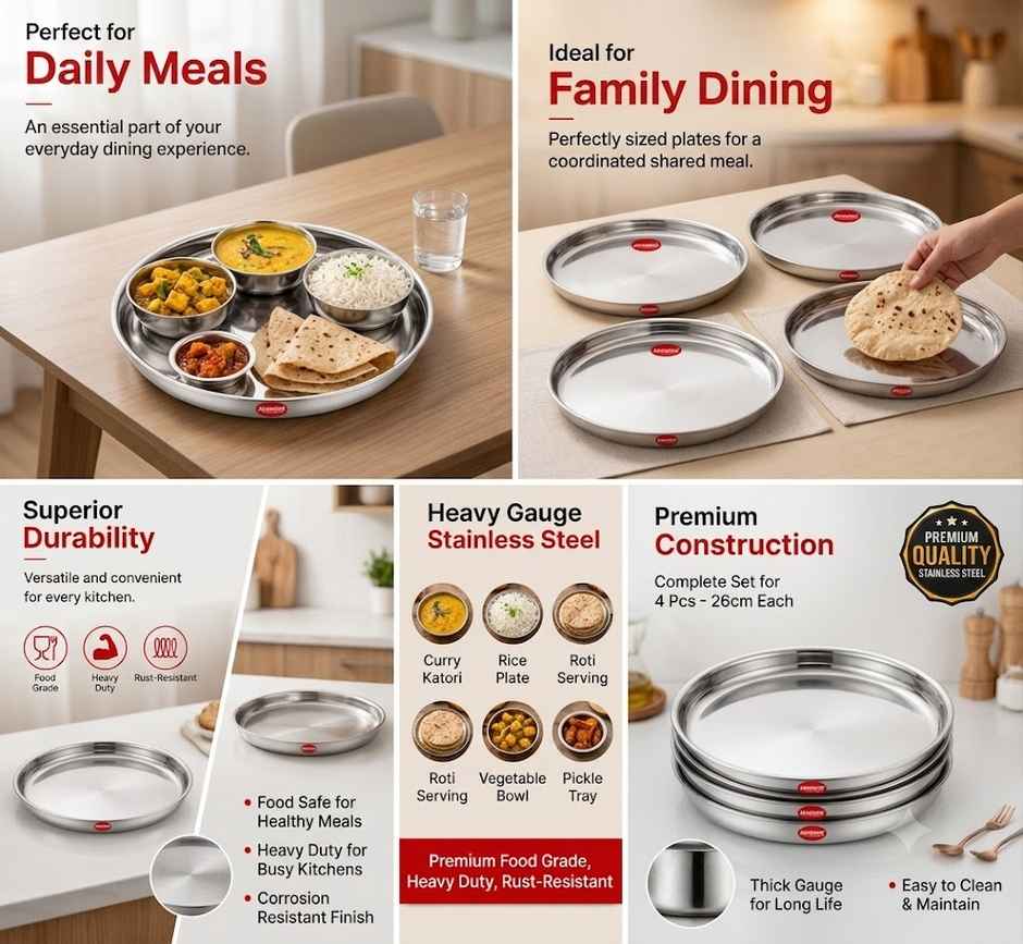 Jensons Stainless Steel Dinner Plate Set of 4 | 26cm Large Thali Plates | Food Grade Steel