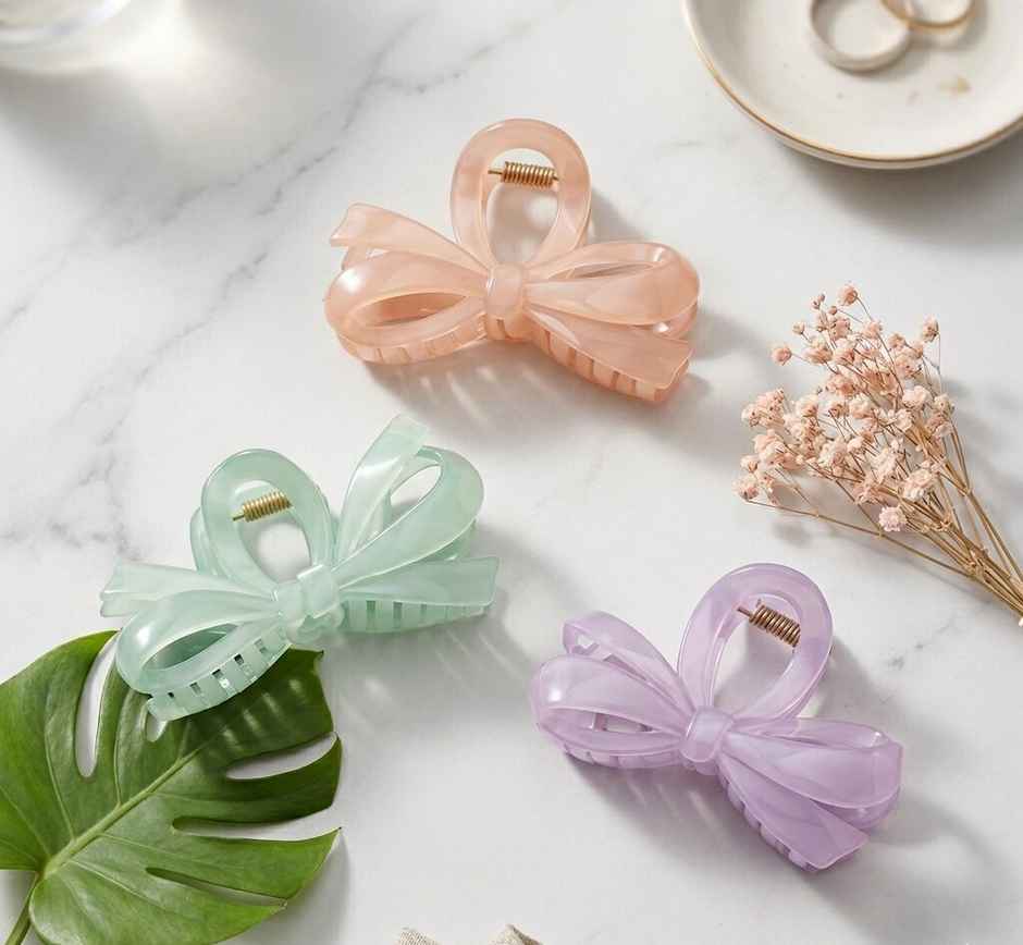 The Opal Factory Hair Accessories | Bow Claw Clip | Pack of 3 | Purple, Green, Light Brown