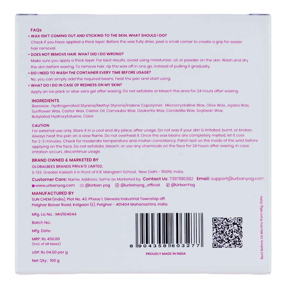 Urban Yog Brazilian Beans Wax for Women Face Wax | Stripless Liposoluble Wax