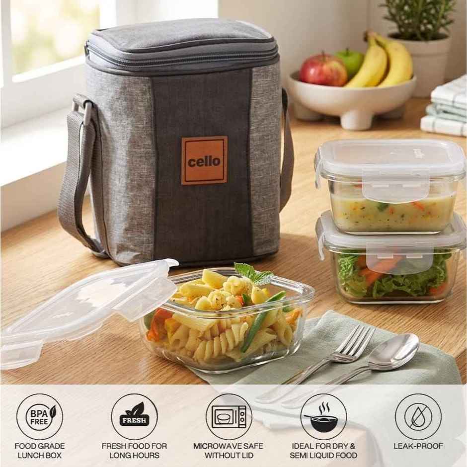 Cello Glassy Square Lunch Box | Microwavable Borosilicate Glass | Clear - 320 ml