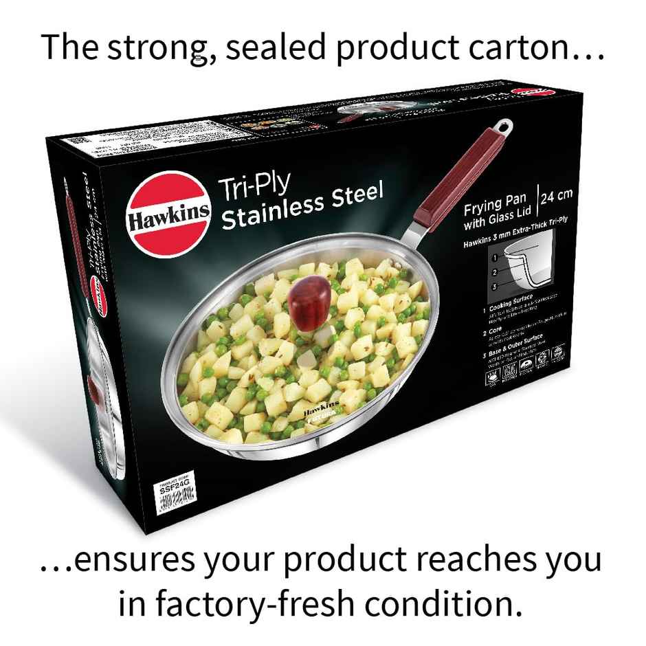 Hawkins 24 Cm Triply Stainless Steel Fry Pan With Glass Lid, Induction Frying Pan Silver (Ssf24G)
