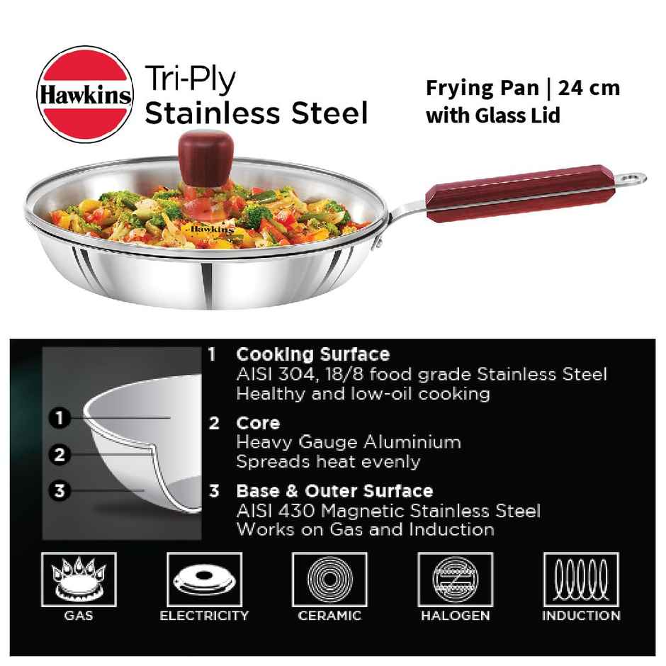 Hawkins 24 Cm Triply Stainless Steel Fry Pan With Glass Lid, Induction Frying Pan Silver (Ssf24G)