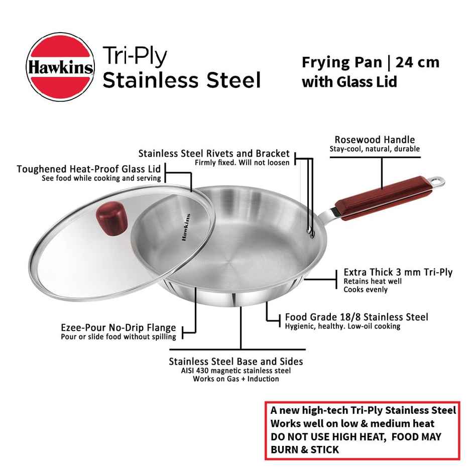 Hawkins 24 Cm Triply Stainless Steel Fry Pan With Glass Lid, Induction Frying Pan Silver (Ssf24G)