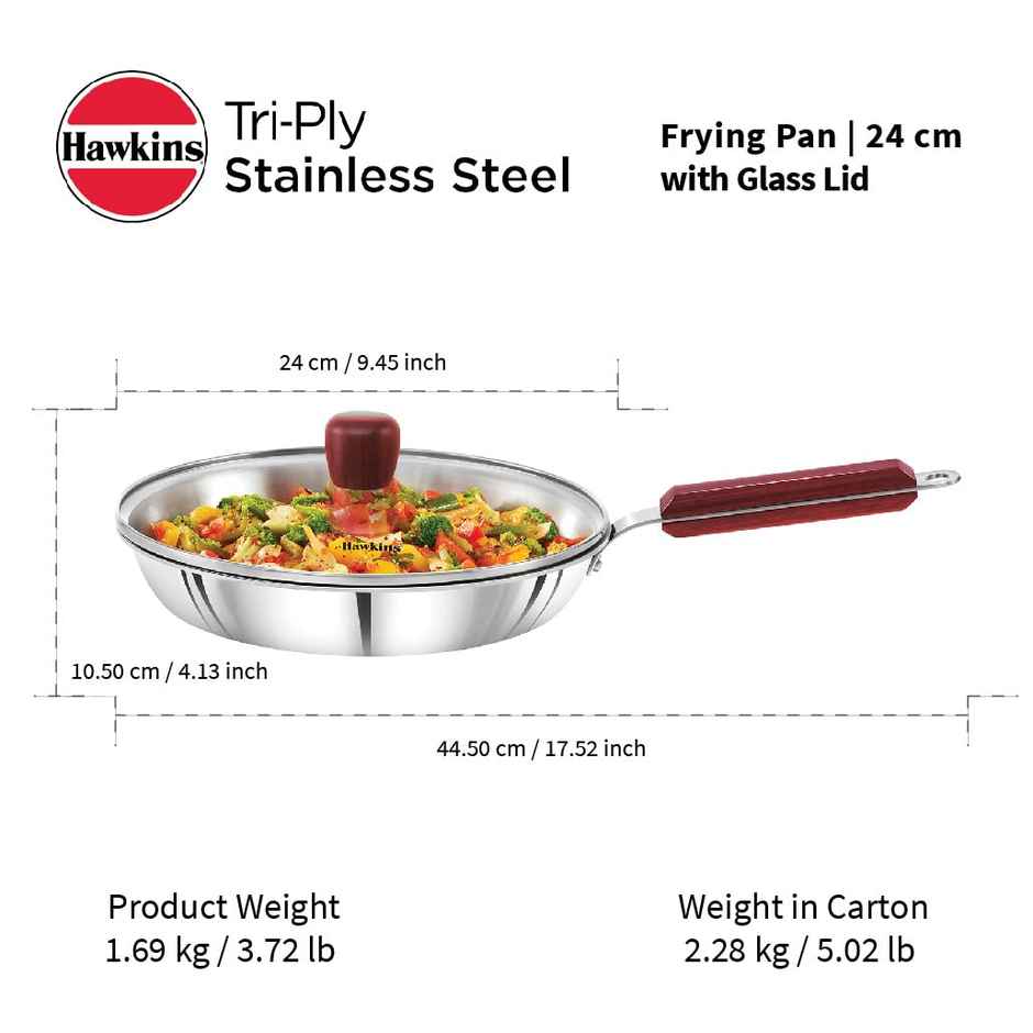 Hawkins 24 Cm Triply Stainless Steel Fry Pan With Glass Lid, Induction Frying Pan Silver (Ssf24G)