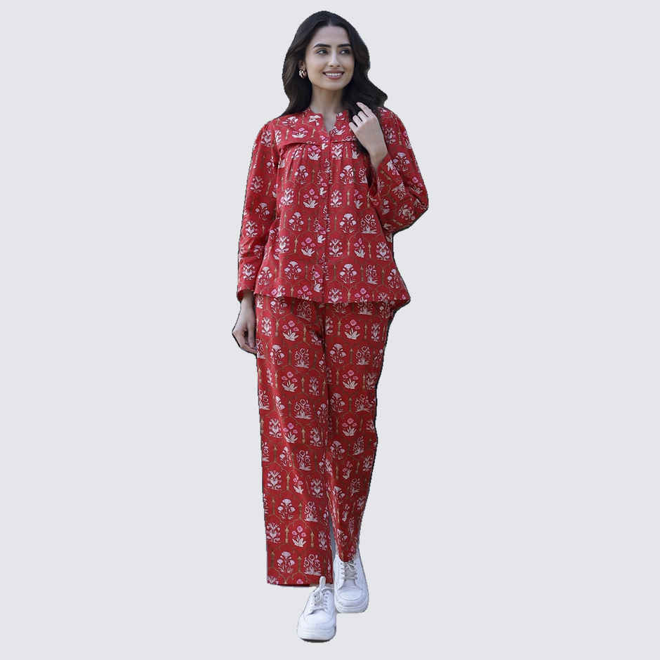 Sanskrutihomes Floral Printed Pure Cotton Co-Ords Set | Red - L