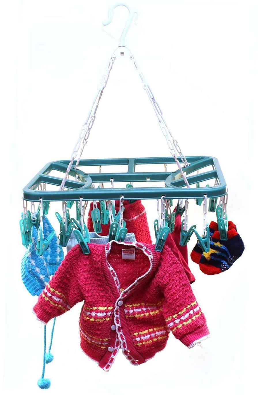 Kuber Industries Plastic 32 Clips Cloth Drying Stand Hanger (Green)