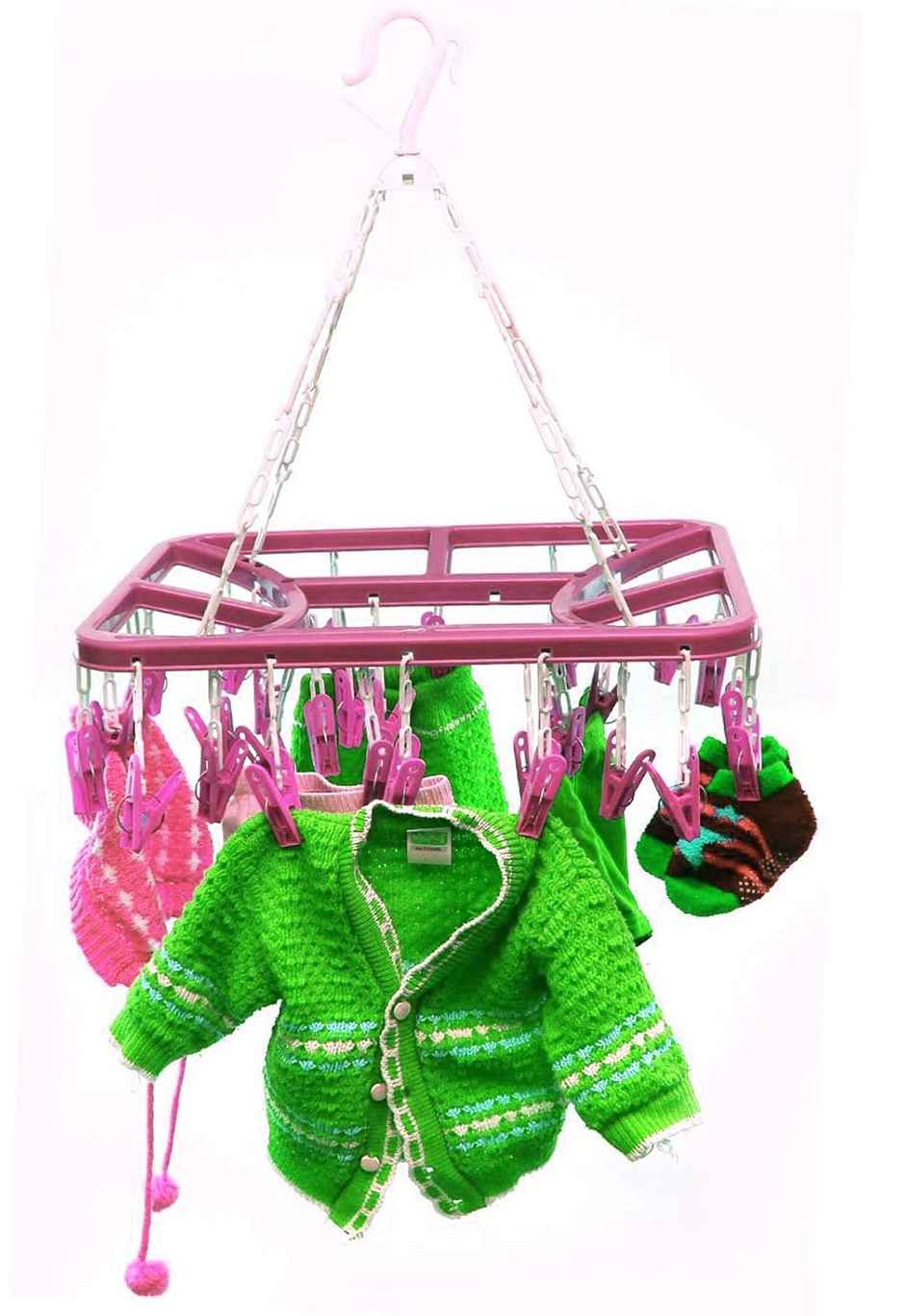 Kuber Industries Cloth Drying Hanger Rack (32 Clips) | 360 Degree Portable & Rotatable | Pink