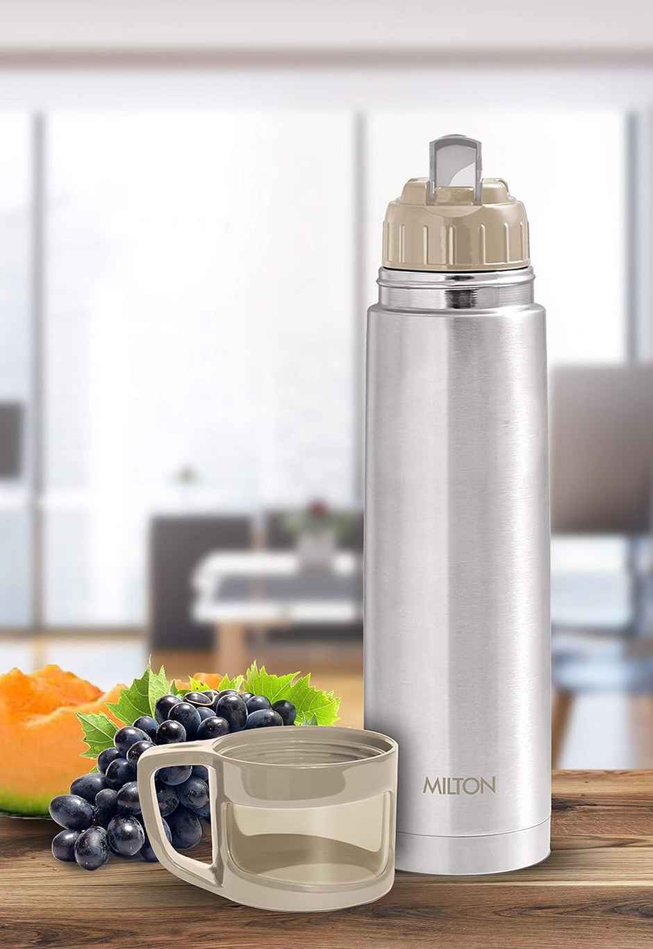Milton Glassy 750 Thermosteel 24 Hours Hot And Cold Water Bottle With Drinking Cup Lid 750 ml, Grey
