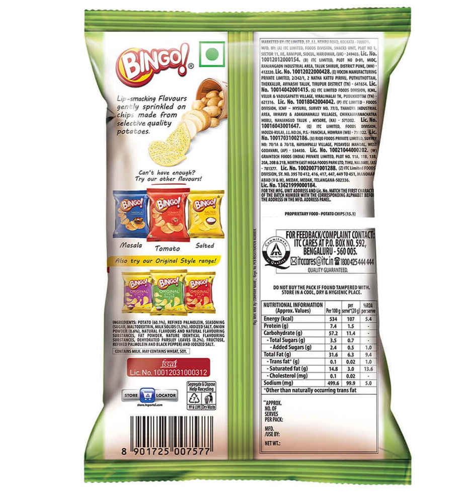 Bingo! Potato Chips - Cream & Onion Chips - Crispy & Crunchy Chips Pack for Snacks