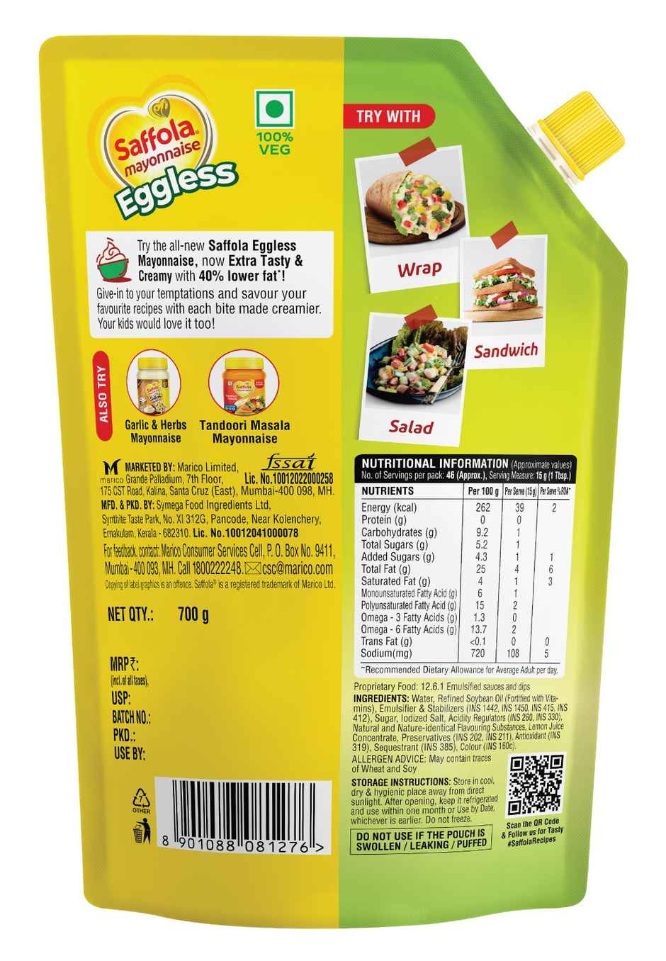 Saffola Mayonnaise Eggless With Milk Cream Extra Creamy & Tasty