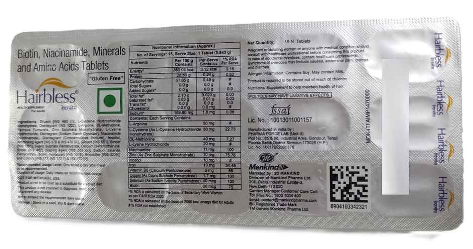 Hairbless Tablet With Vitamins- Biotin & Niacin, Minerals & Amino Acids