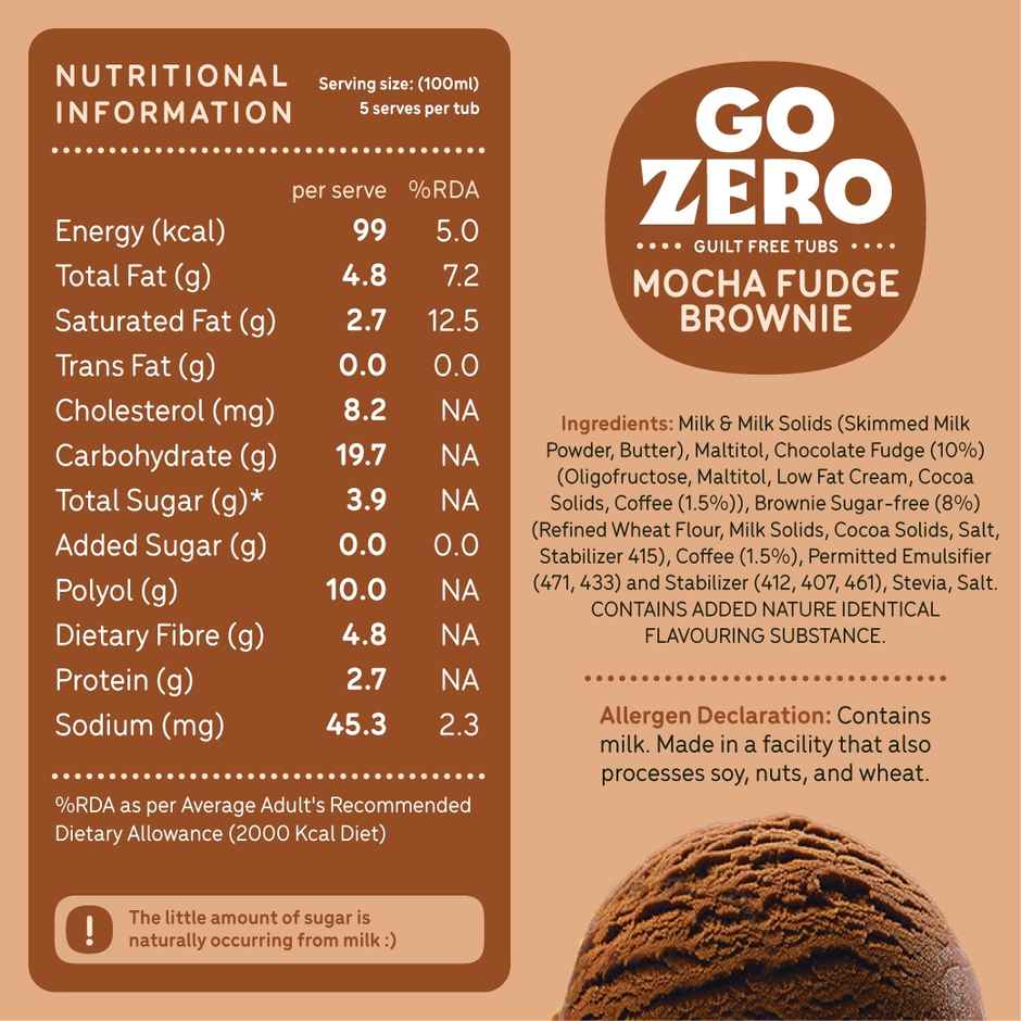 Go Zero Mocha Fudge Brownie Low Calorie Guilt Free Ice Cream Tub